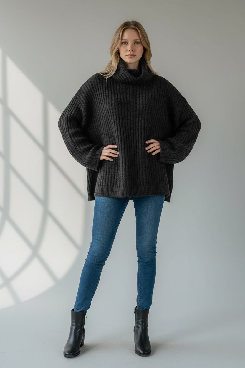 H&M Damen Strickpullover mit Rollkragen – Schwarz | Größe L