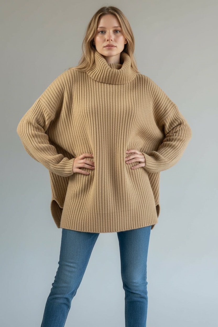 H&M Damen Strickpullover mit Rollkragen – Beige | Größe M